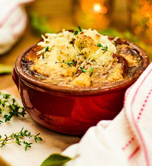 French Onion Soup with Everything Bagel Fauxmage