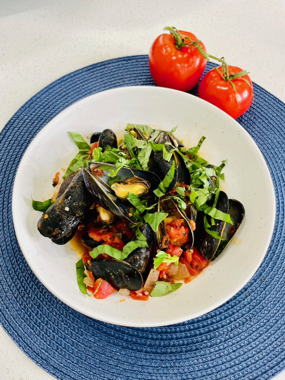 PEI Mussels with Fire Roasted Tomato & Basil Sauce
