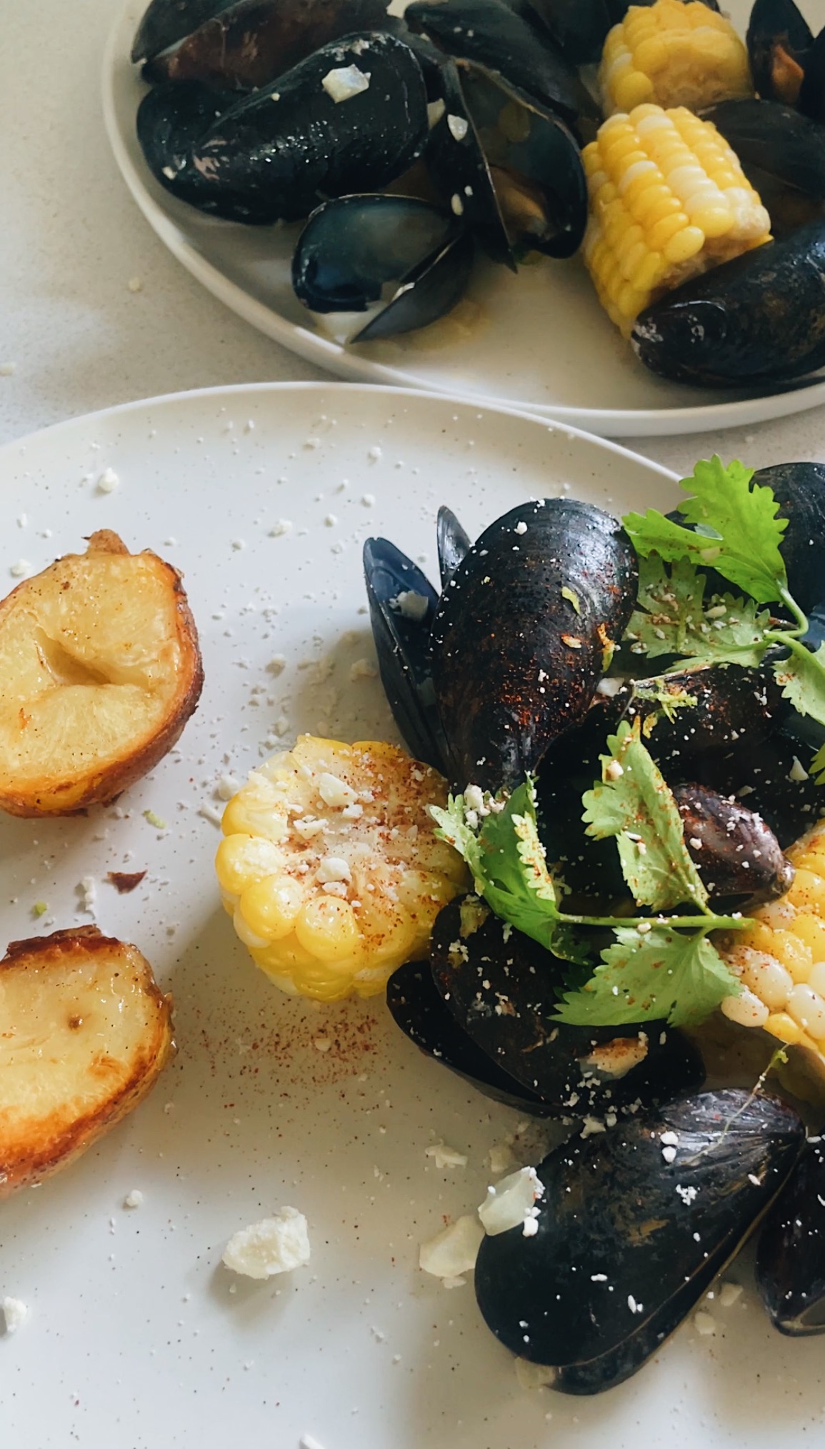 Mexican Street Corn Mussels with Smoky Roasted Potatoes