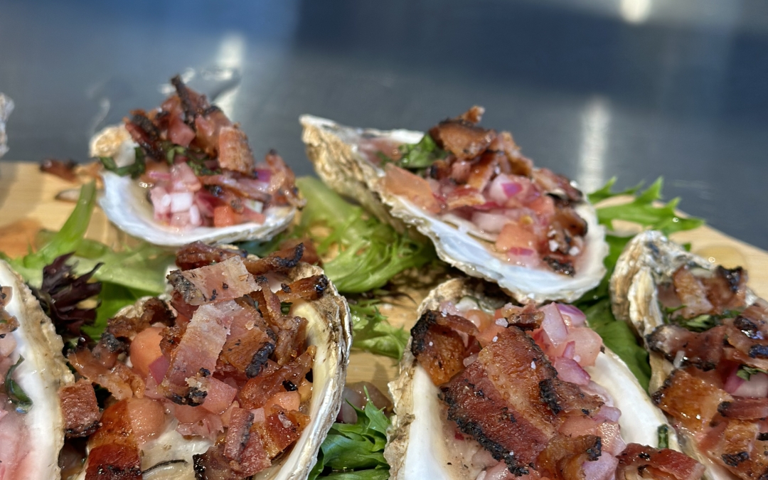 Baked Oysters with a Crispy Pancetta – Tomato – Basil Mignonette